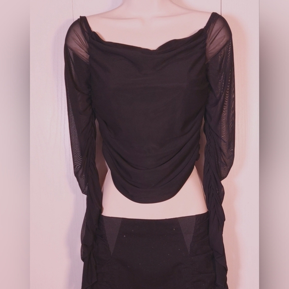 Cider Black Mesh Top Size Large Sheer Back Long Sheer Sleeves With Ruching - Picture 2 of 10